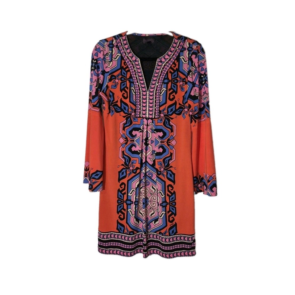 Hale Bob Coral Geometric and Scrollwork Border Print Tunic Dress Size Small